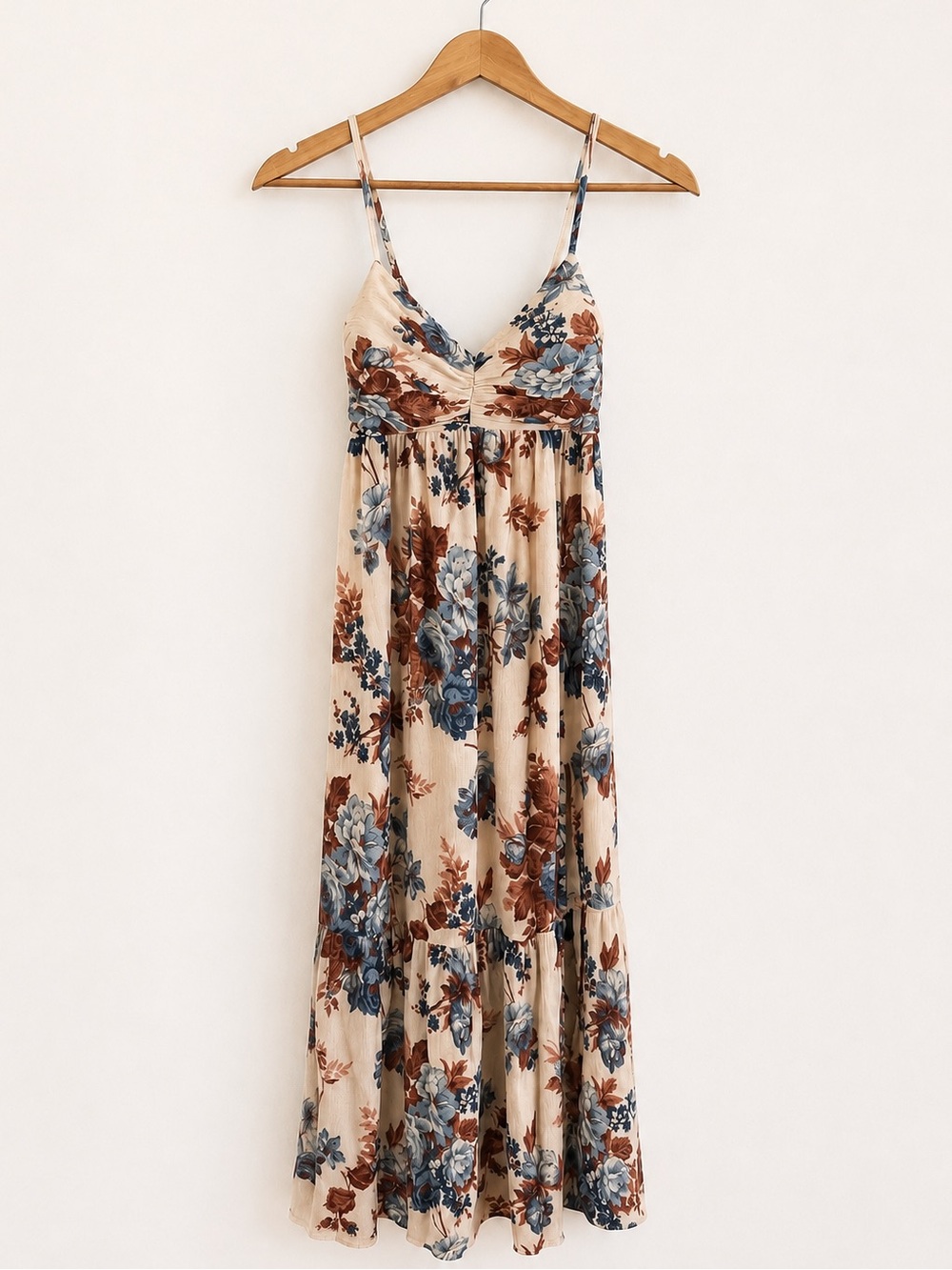 Abercrombie & Fitch Cream Smocked Maxi Dress with Blue & Rust Floral Print - Picture 2 of 10